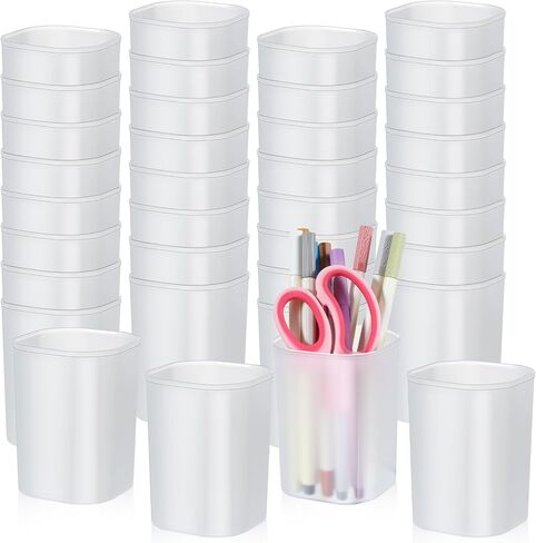 48 Pcs White Plastic Pen Cups Bulk, 3.98x2.83in Frosted PP Pen Holder Organizer for Desk Stationery & Makeup Brushes, Office Home Supplies in Kuwait