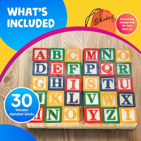Skoolzy 30 PCS Baby Blocks - Small Wooden ABC Blocks for Toddlers 2-5 - Alphabet Learning & Building Toys in Saudi Arabia