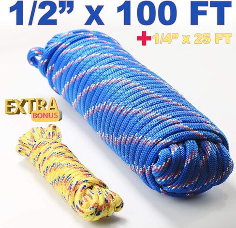 حبل نايلون مجدول ماسي من ويلماكس، 1/2 بوصة × 100 قدم مع سلك إضافي 1/4 بوصة × 25 قدم مقاوم للأشعة فوق البنفسجية، قوة عالية ومقاوم للطقس in Kuwait