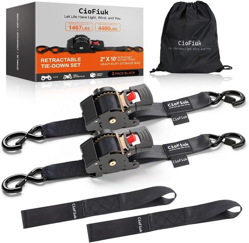 Retractable Ratchet Straps, 2in x 15ft Heavy Duty Auto Self Retracting Tie Down Straps, 3527LBS Breaking Strength Secure Straps for Motorcycle, Trucks and Freight Transport (Black Strap, 2-Pack) in Kuwait