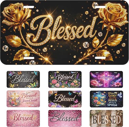 Gold Rose Blessed Front License Plate Blessed Car Decorative License Plates Aluminum Metal Decor Accessory Novelty Vanity Tag Cover with 4 Holes for Men Women 6" X 12" in Saudi Arabia