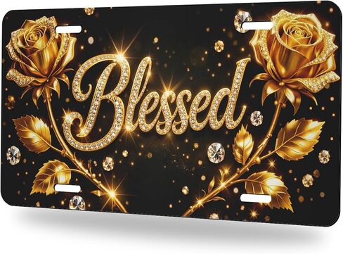 Gold Rose Blessed Front License Plate Blessed Car Decorative License Plates Aluminum Metal Decor Accessory Novelty Vanity Tag Cover with 4 Holes for Men Women 6" X 12" in Saudi Arabia