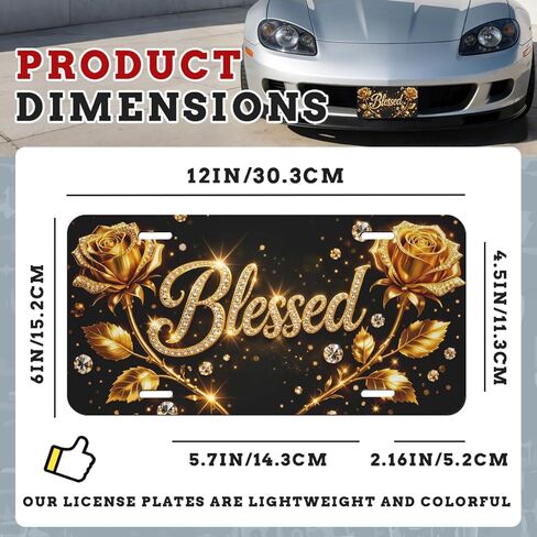 Gold Rose Blessed Front License Plate Blessed Car Decorative License Plates Aluminum Metal Decor Accessory Novelty Vanity Tag Cover with 4 Holes for Men Women 6" X 12" in Saudi Arabia