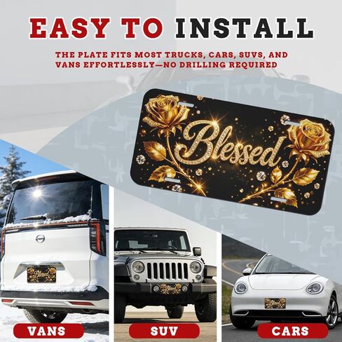 Gold Rose Blessed Front License Plate Blessed Car Decorative License Plates Aluminum Metal Decor Accessory Novelty Vanity Tag Cover with 4 Holes for Men Women 6" X 12" in Saudi Arabia