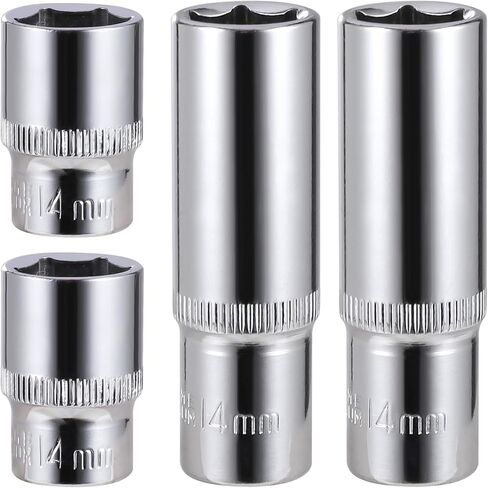 4-Piece 14mm Socket Set, 3/8-Inch Drive, 6-Point, Deep *2 & Shallow *2 Sockets, Corrosion Resistance, Compatible with Standard Ratchet Wrenches and Tools in Saudi Arabia