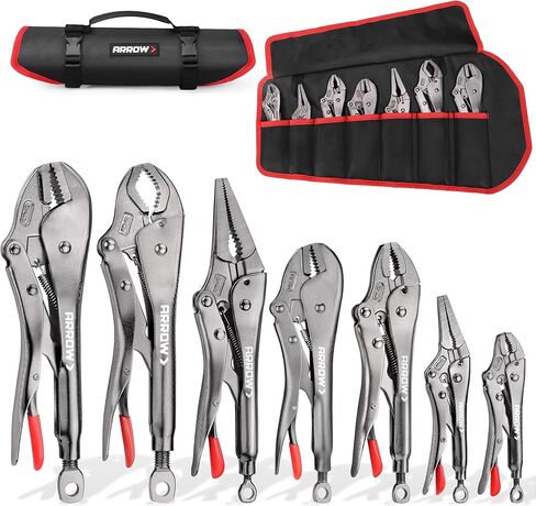 ARROW 7-piece Locking Pliers Set with Rolling Pouch, Chromium-Molybdenum Vice Grips, 5"/7" Curved Jaw, 6.5"/9" Long Nose, 7"/10" Straight Jaw, 10" V-Jaw Vise Grip Pliers in Kuwait