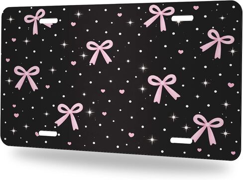Bow Front License Plate Pink Polka Dot Cute Car Decorative License Plates Aluminum Metal Accessory Novelty Vanity Tag Cover with 4 Holes for Men Women 6" X 12" in Kuwait