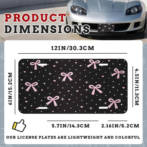 Bow Front License Plate Pink Polka Dot Cute Car Decorative License Plates Aluminum Metal Accessory Novelty Vanity Tag Cover with 4 Holes for Men Women 6" X 12" in Kuwait