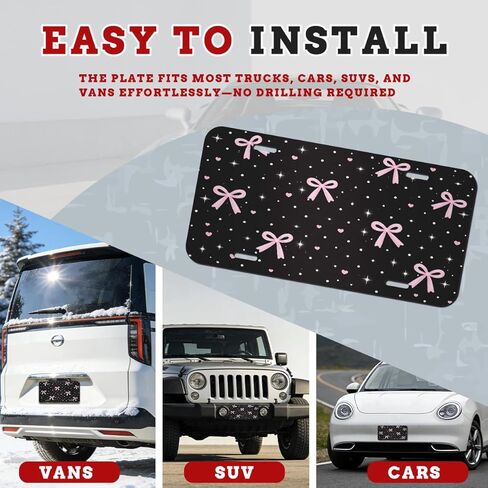 Bow Front License Plate Pink Polka Dot Cute Car Decorative License Plates Aluminum Metal Accessory Novelty Vanity Tag Cover with 4 Holes for Men Women 6" X 12" in Kuwait