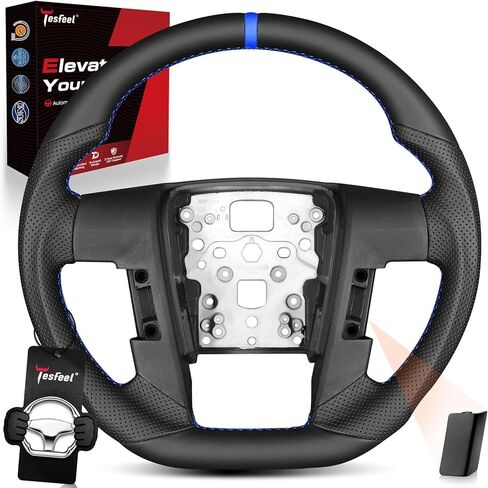 Steering Wheel for F150 SVT Raptor 2009–2014, D-Shape Flat-Bottom, Full Nappa Perforated Leather with Red Stripe&Stitching, Fits for F150 Models with No Buttons or Only Left Side Buttons in Saudi Arabia