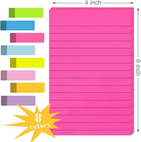 (8 Pads) Lined Sticky Notes 4x6 in Post, 8 Colors Self Sticky Notes Pad Its, Bright Post Stickies Colorful Big Rectangular Sticky Notes Ruled Stickies for Office, Home, School, Meeting, 45 Sheets/pad in Saudi Arabia