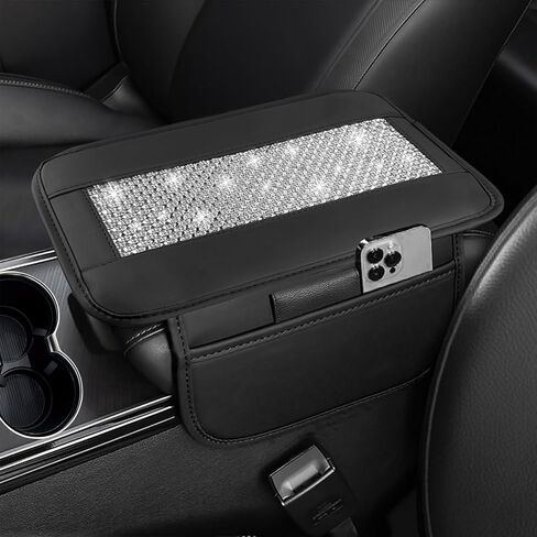 NBTEPEM Bling Car Armrest Cover, Universal Microfiber Leather Center Console Cover with 2 Pockets, Rhinestone Car Armrest Cushion Protector, Bling Accessories Interior (Silver Diamond) in Kuwait