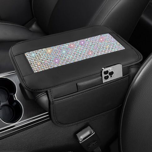 NBTEPEM Bling Car Armrest Cover, Universal Microfiber Leather Center Console Cover with 2 Pockets, Rhinestone Car Armrest Cushion Protector, Bling Accessories Interior (Silver Diamond) in Saudi Arabia