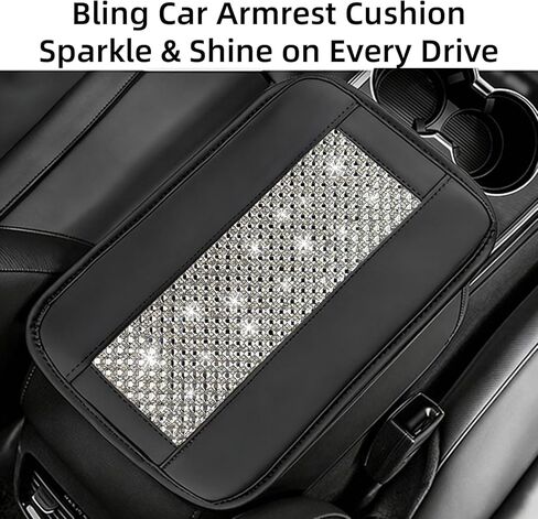 NBTEPEM Bling Car Armrest Cover, Universal Microfiber Leather Center Console Cover with 2 Pockets, Rhinestone Car Armrest Cushion Protector, Bling Accessories Interior (Silver Diamond) in Kuwait