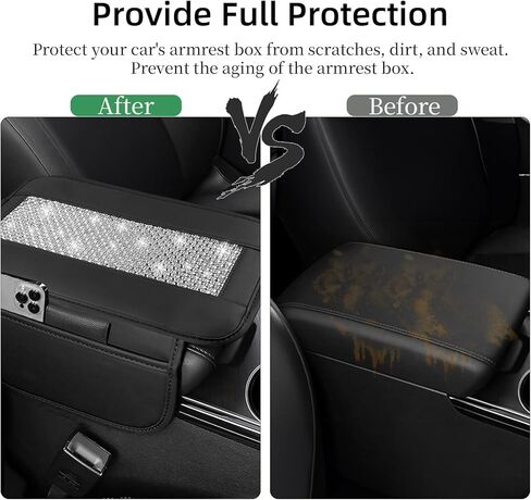 NBTEPEM Bling Car Armrest Cover, Universal Microfiber Leather Center Console Cover with 2 Pockets, Rhinestone Car Armrest Cushion Protector, Bling Accessories Interior (Silver Diamond) in Kuwait