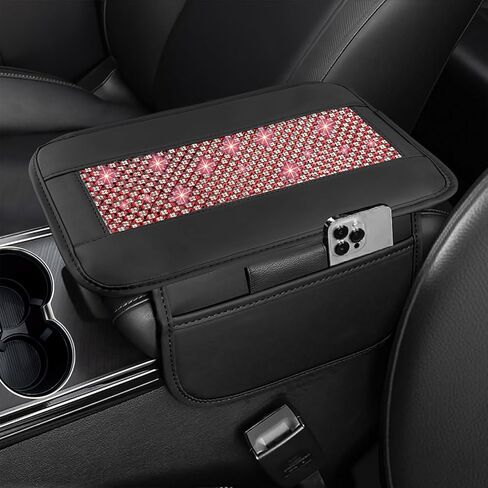NBTEPEM Bling Car Armrest Cover, Universal Microfiber Leather Center Console Cover with 2 Pockets, Rhinestone Car Armrest Cushion Protector, Bling Accessories Interior (Silver Diamond) in Kuwait