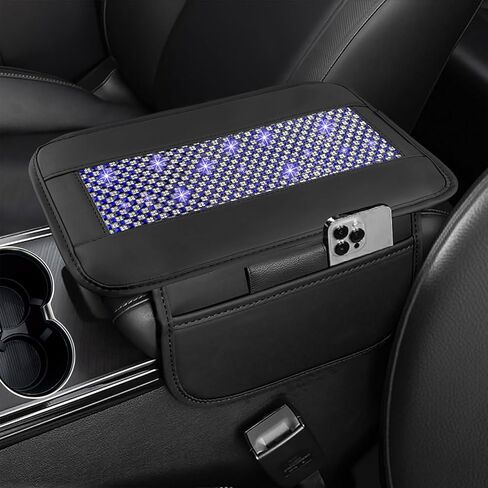 NBTEPEM Bling Car Armrest Cover, Universal Microfiber Leather Center Console Cover with 2 Pockets, Rhinestone Car Armrest Cushion Protector, Bling Accessories Interior (Silver Diamond) in Kuwait