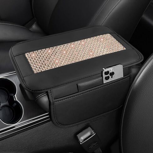 NBTEPEM Bling Car Armrest Cover, Universal Microfiber Leather Center Console Cover with 2 Pockets, Rhinestone Car Armrest Cushion Protector, Bling Accessories Interior (Silver Diamond) in Kuwait