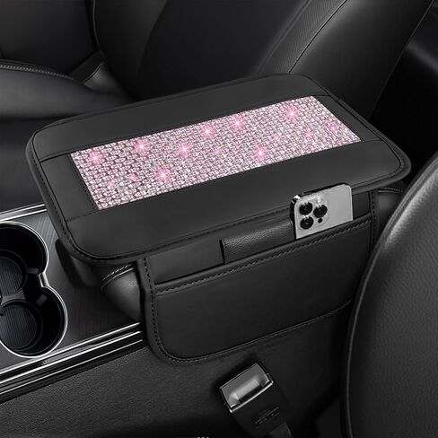 NBTEPEM Bling Car Armrest Cover, Universal Microfiber Leather Center Console Cover with 2 Pockets, Rhinestone Car Armrest Cushion Protector, Bling Accessories Interior (Silver Diamond) in Kuwait