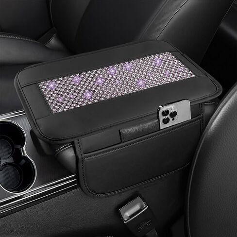 NBTEPEM Bling Car Armrest Cover, Universal Microfiber Leather Center Console Cover with 2 Pockets, Rhinestone Car Armrest Cushion Protector, Bling Accessories Interior (Silver Diamond) in Kuwait