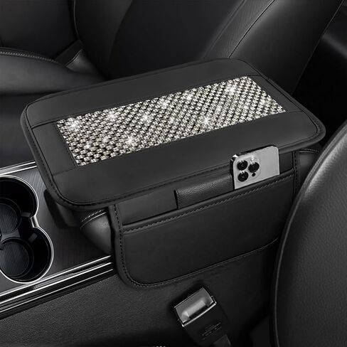 NBTEPEM Bling Car Armrest Cover, Universal Microfiber Leather Center Console Cover with 2 Pockets, Rhinestone Car Armrest Cushion Protector, Bling Accessories Interior (Silver Diamond) in Kuwait