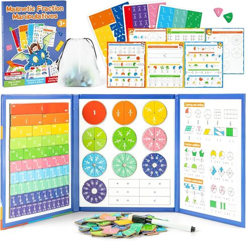 Magnetic Fraction Manipulatives for Kids - 120PCS Color-Coded Fraction Tiles & Circles with Dry Erase Marker, Worksheets & Storage Bag Montessori Math Manipulatives for Elementary Homeschool in Saudi Arabia