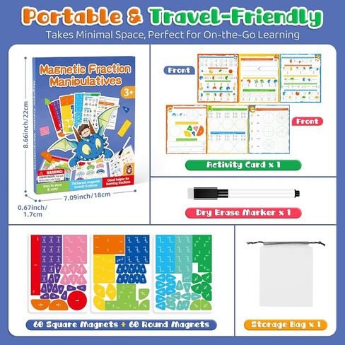 Magnetic Fraction Manipulatives for Kids - 120PCS Color-Coded Fraction Tiles & Circles with Dry Erase Marker, Worksheets & Storage Bag Montessori Math Manipulatives for Elementary Homeschool in Saudi Arabia