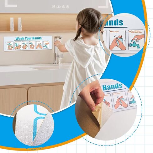 Hand Washing Instruction Sign, Laminated Steps Guide with Visual Cues for Proper Hygiene, Bathroom Adhesive Poster, School Classroom Bathroom Health Education Wall Decal in Kuwait