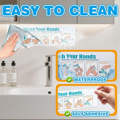 Hand Washing Instruction Sign, Laminated Steps Guide with Visual Cues for Proper Hygiene, Bathroom Adhesive Poster, School Classroom Bathroom Health Education Wall Decal in Kuwait