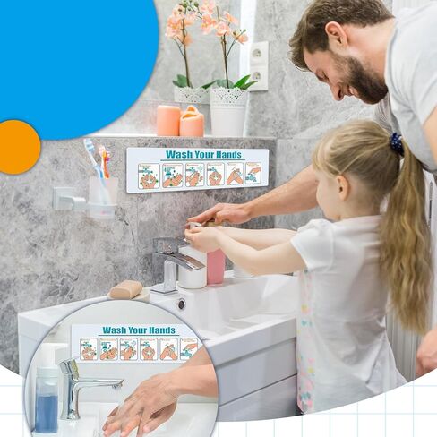 Hand Washing Instruction Sign, Laminated Steps Guide with Visual Cues for Proper Hygiene, Bathroom Adhesive Poster, School Classroom Bathroom Health Education Wall Decal in Kuwait