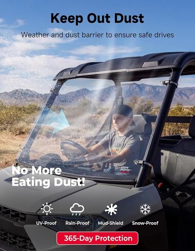 KEMIMOTO UTV Scratch-Resistant Front Windshield, Compatible with Polaris Ranger 150 EFI Youth 2018+, Double-Layer Thickened PC Full Window, Pre-installed Sealing Strip, Accessories (Fits Roof) in Kuwait