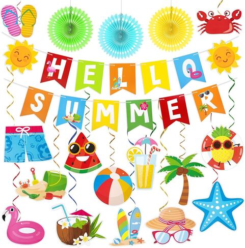 Ouddy Life Summer Pool Party Decorations, Hello Summer Banner Paper Lanterns Beach Hanging Streams Decor for Hawaiian Luau Tropical Vacation Outfit Birthday Party Supplies Favors in Kuwait