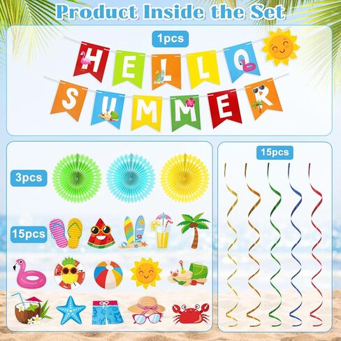Ouddy Life Summer Pool Party Decorations, Hello Summer Banner Paper Lanterns Beach Hanging Streams Decor for Hawaiian Luau Tropical Vacation Outfit Birthday Party Supplies Favors in Kuwait