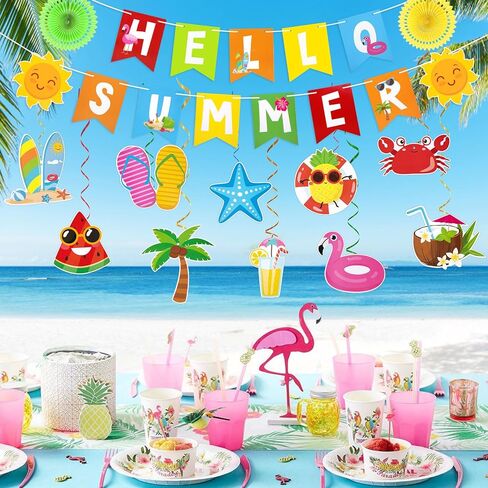 Ouddy Life Summer Pool Party Decorations, Hello Summer Banner Paper Lanterns Beach Hanging Streams Decor for Hawaiian Luau Tropical Vacation Outfit Birthday Party Supplies Favors in Kuwait