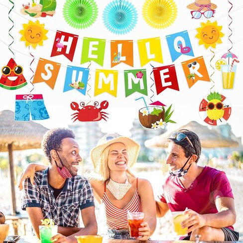 Ouddy Life Summer Pool Party Decorations, Hello Summer Banner Paper Lanterns Beach Hanging Streams Decor for Hawaiian Luau Tropical Vacation Outfit Birthday Party Supplies Favors in Kuwait