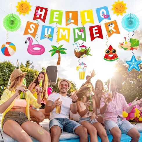 Ouddy Life Summer Pool Party Decorations, Hello Summer Banner Paper Lanterns Beach Hanging Streams Decor for Hawaiian Luau Tropical Vacation Outfit Birthday Party Supplies Favors in Kuwait