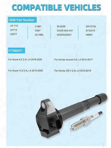 TAUTOY Set of 4 UF712 Ignition Coil Pack & Iridium Spark Plug (2.4L ONLY) For Acura ILX 2016-2020,TLX 2015-2020,For Honda Accord 2013-2017,CR-V 2015-2019,Replace # 305205A2A01 6732315 48893 in Kuwait