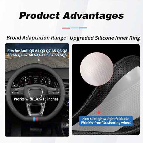 D Shaped and Round Car Steering Wheel Cover Universal for Audi Q5 A4 Q3 Q7 A5 Q6 Q8 A3 A6 Q4 A7 A8 Accessories, Nappa Leather with Logo, Non-Slip and Breathable, Flat Bottom 14.5-15 Inch in Saudi Arabia