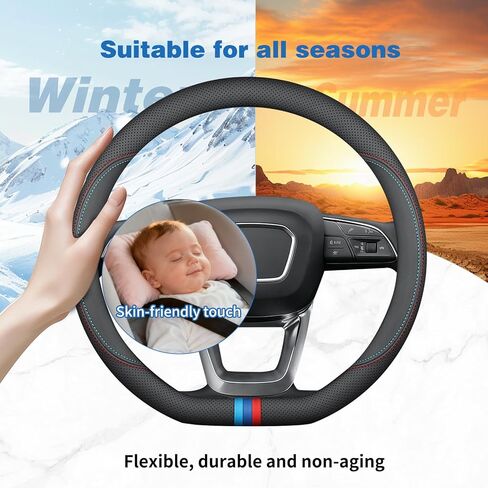 D Shaped and Round Car Steering Wheel Cover Universal for Audi Q5 A4 Q3 Q7 A5 Q6 Q8 A3 A6 Q4 A7 A8 Accessories, Nappa Leather with Logo, Non-Slip and Breathable, Flat Bottom 14.5-15 Inch in Saudi Arabia