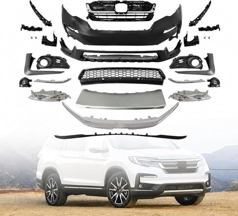 طقم شبكة غطاء المصد الأمامي الكامل متوافق مع 2019 2020 2021 2022 Honda Pilot EX LX Elite | مع مصابيح الضباب وأضواء الإشارة | كروم وأسود | معدة - مجموعة كاملة للجسم in Kuwait