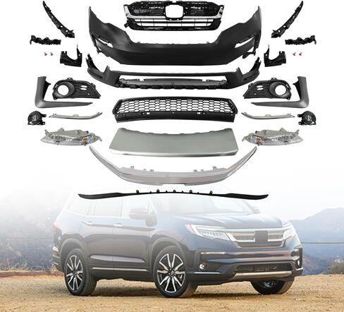 طقم شبكة غطاء المصد الأمامي الكامل متوافق مع 2019 2020 2021 2022 Honda Pilot EX LX Elite | مع مصابيح الضباب وأضواء الإشارة | كروم وأسود | معدة - مجموعة كاملة للجسم in Kuwait
