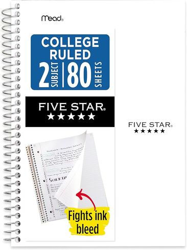 Five Star Spiral Notebook, 2 Subject, College Ruled Paper, 6" x 9-1/2", 80 Sheets, Fights Ink Bleed, Water Resistant Cover, White (840029E) in Kuwait