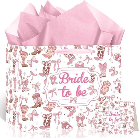 Cowgirl Baby Shower Paper Gift Bag, Western Bow A Little Cowgirl Is On The Way Wrapping Bag with Tissue Paper and Card Coquette Bow Boots Treat Bags for Girls Rodeo Baby Shower Pregnancy Party Supplies in Kuwait