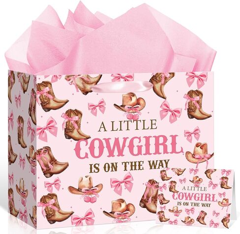 Cowgirl Baby Shower Paper Gift Bag, Western Bow A Little Cowgirl Is On The Way Wrapping Bag with Tissue Paper and Card Coquette Bow Boots Treat Bags for Girls Rodeo Baby Shower Pregnancy Party Supplies in Kuwait