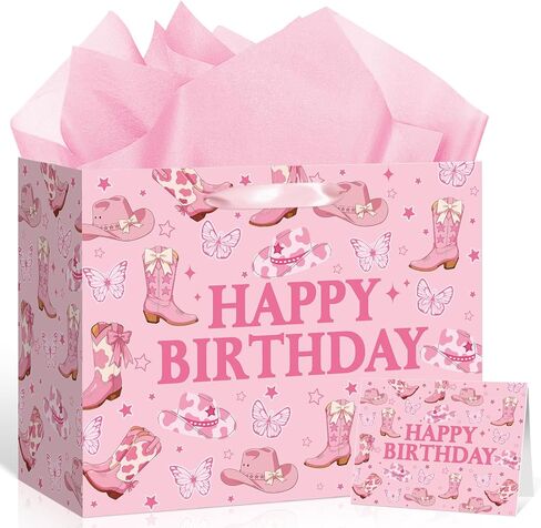 Cowgirl Baby Shower Paper Gift Bag, Western Bow A Little Cowgirl Is On The Way Wrapping Bag with Tissue Paper and Card Coquette Bow Boots Treat Bags for Girls Rodeo Baby Shower Pregnancy Party Supplies in Kuwait