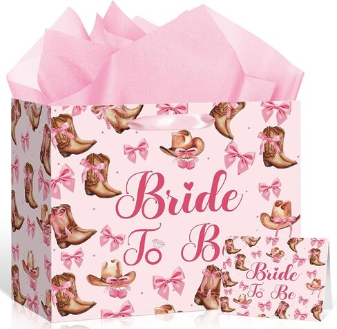 Cowgirl Baby Shower Paper Gift Bag, Western Bow A Little Cowgirl Is On The Way Wrapping Bag with Tissue Paper and Card Coquette Bow Boots Treat Bags for Girls Rodeo Baby Shower Pregnancy Party Supplies in Kuwait