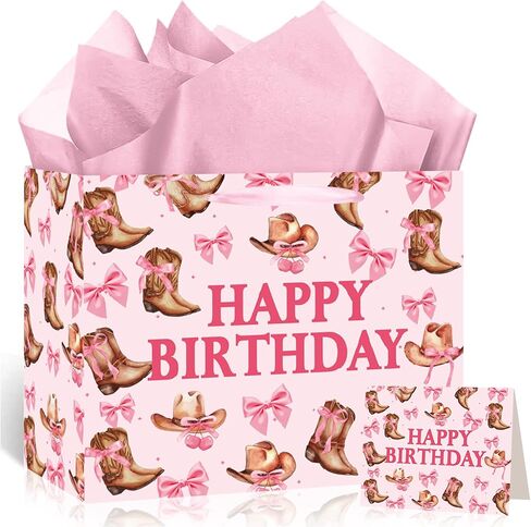 Cowgirl Baby Shower Paper Gift Bag, Western Bow A Little Cowgirl Is On The Way Wrapping Bag with Tissue Paper and Card Coquette Bow Boots Treat Bags for Girls Rodeo Baby Shower Pregnancy Party Supplies in Kuwait