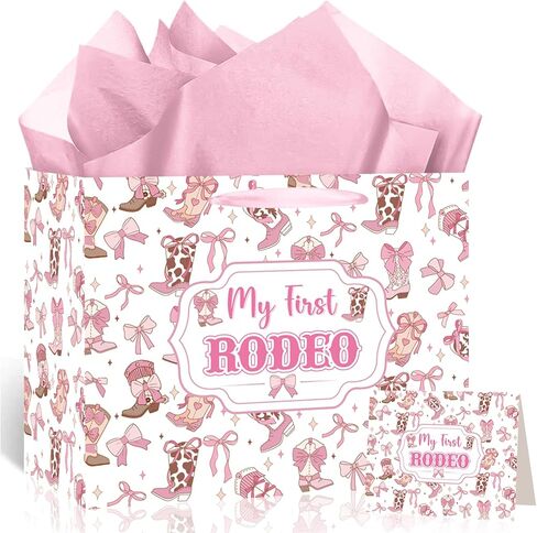 Cowgirl Baby Shower Paper Gift Bag, Western Bow A Little Cowgirl Is On The Way Wrapping Bag with Tissue Paper and Card Coquette Bow Boots Treat Bags for Girls Rodeo Baby Shower Pregnancy Party Supplies in Kuwait