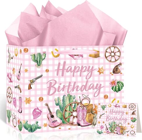Cowgirl Baby Shower Paper Gift Bag, Western Bow A Little Cowgirl Is On The Way Wrapping Bag with Tissue Paper and Card Coquette Bow Boots Treat Bags for Girls Rodeo Baby Shower Pregnancy Party Supplies in Kuwait