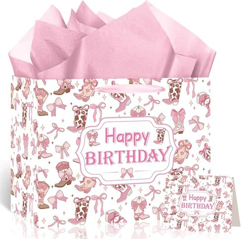 Cowgirl Baby Shower Paper Gift Bag, Western Bow A Little Cowgirl Is On The Way Wrapping Bag with Tissue Paper and Card Coquette Bow Boots Treat Bags for Girls Rodeo Baby Shower Pregnancy Party Supplies in Kuwait